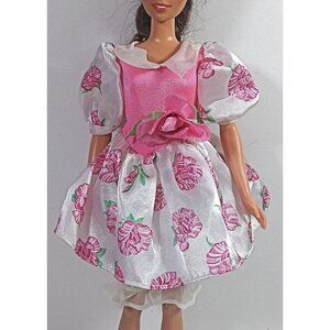 Vintage Barbie Doll Clothing Dress Mattel Pink White Floral Attached Pantyhouse